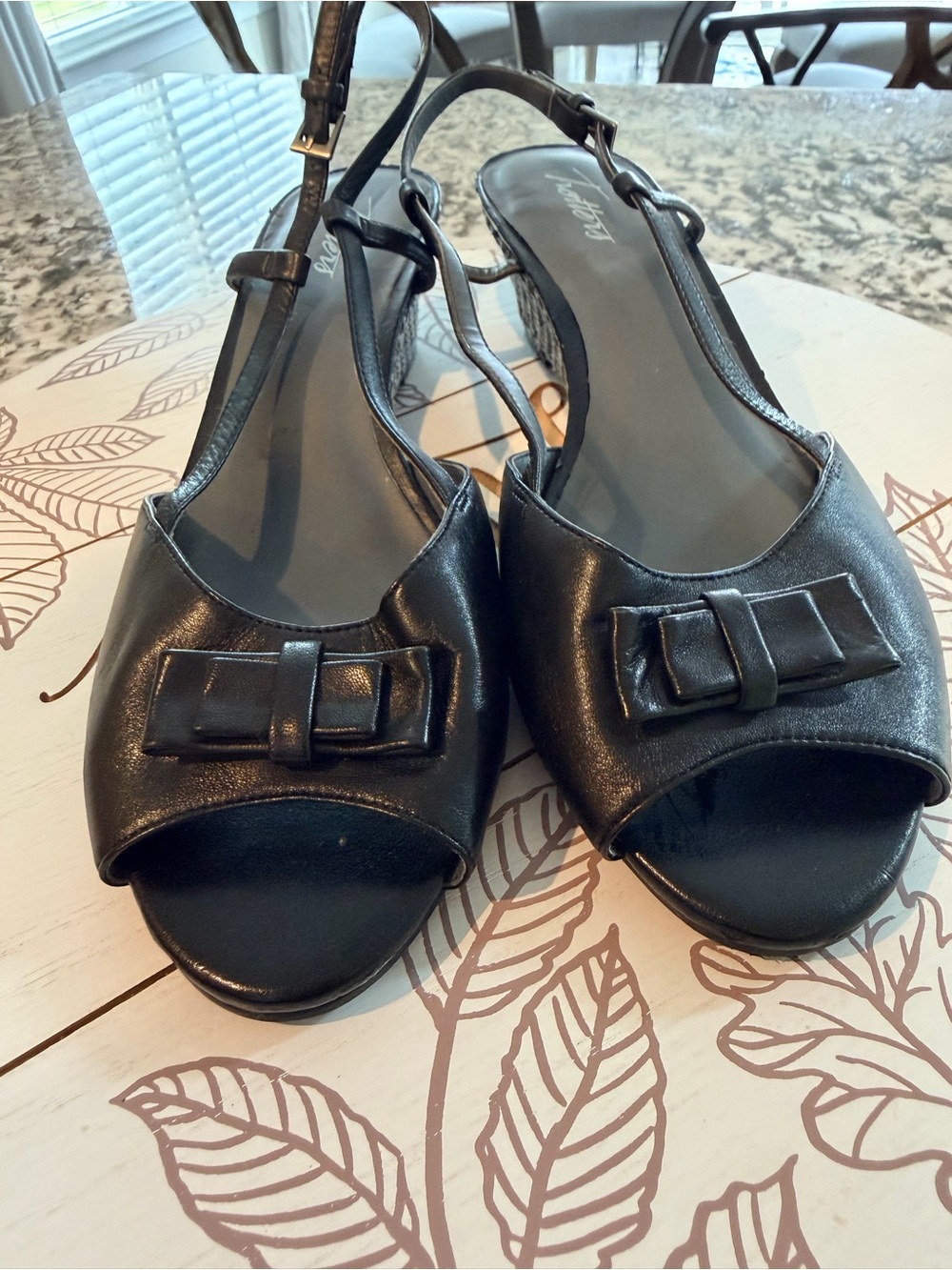 Trotters Black Slingback Peep-Toe Wedges with Bow Accent